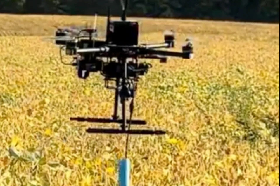 A drone-deployed hydrophone prototype during a field test. Portfolio photograph.